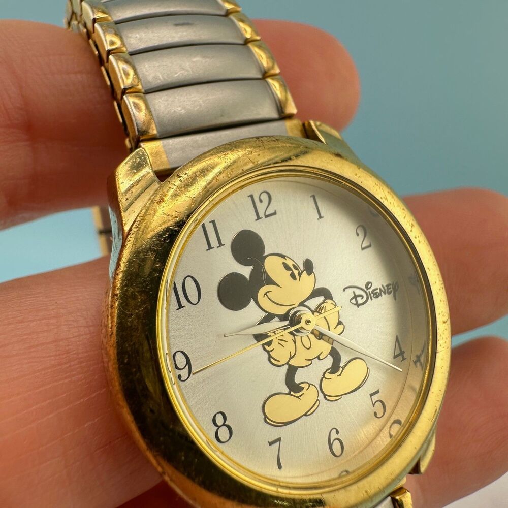 Vintage Mickey Mouse Gold Silver Tone Stretch Band Wrist Watch Tested Works - Picture 14 of 14